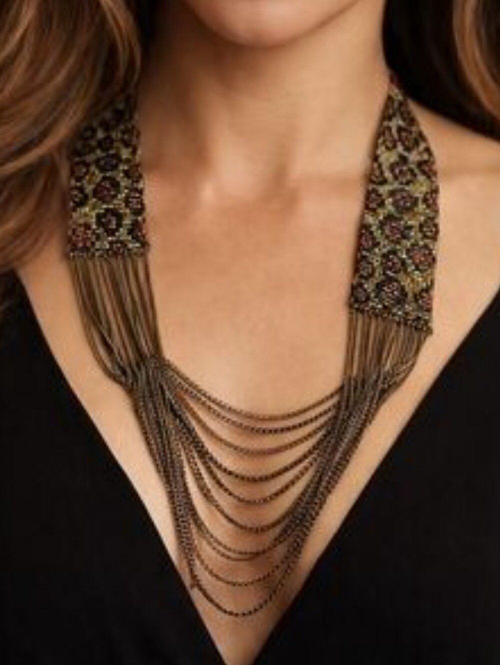 Beaded Layered Statement Necklace in Gold Bronze and Black Animal Print